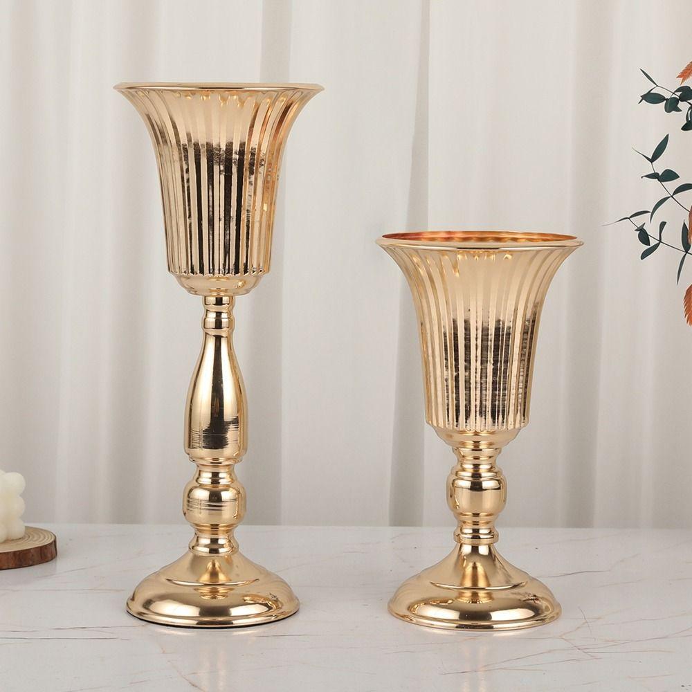 European Style Wedding Flower Vase Golden Dried Flower Pot Metal Trumpet Vases  Living Room