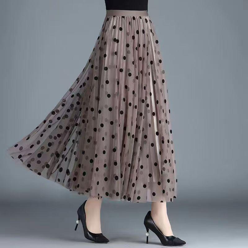 2025 Summer High Waist Polka Dot Floral Mesh Midi Skirt