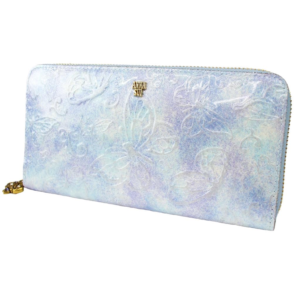ANNA SUI Women's Long Wallet with Butterfly Design, Round Zipper, Antique Enamel Leather, Papillon Leather, Light Blue, 316891