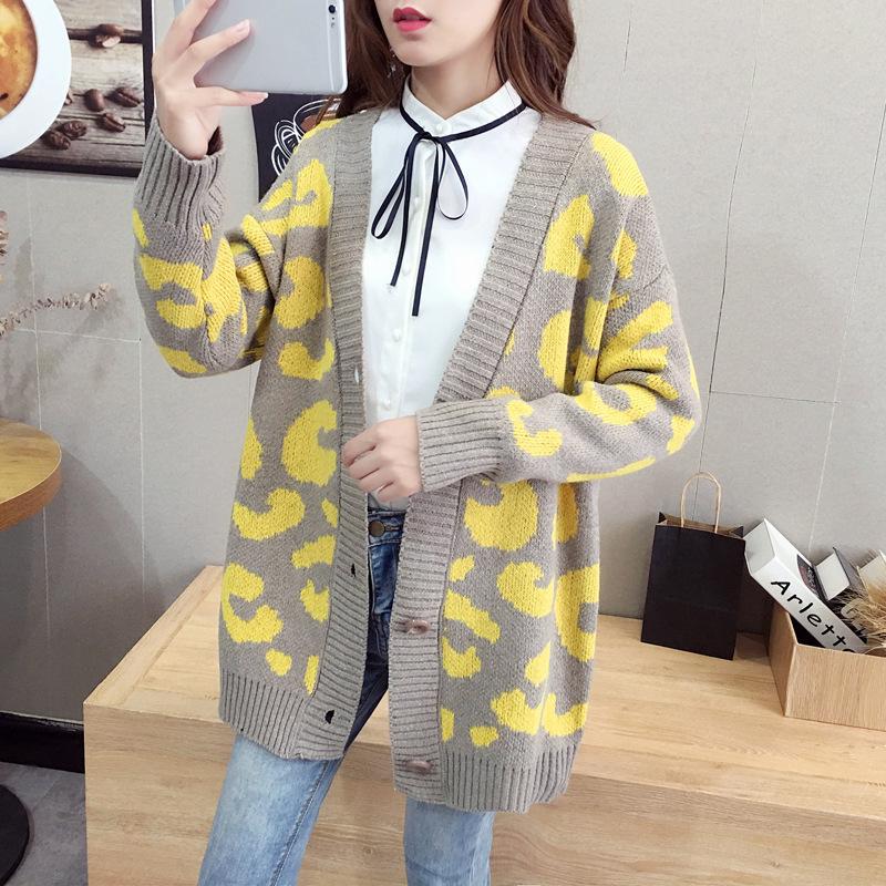 Leopard Print V-Neck Loose Knit Cardigan for Women - Autumn/Winter Korean Style