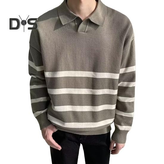 

Осень-зима мужской свитер в полоску с цветными блоками и отложным воротником, свободный трикотажный свитер с длинными рукавами, свободный трикотажный свитер для школы в английском стиле M зелёный