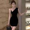 Women's Black One-Shoulder Metal Strap Dress - French Luxury Style, Hip-Hugging Skirt
