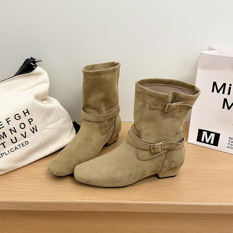 Niche suede retro belt buckle stacking boots women's 2025 new French thick heel versatile and thin medium tube Martin boots