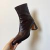 Whole Sheepskin~ Temperament Thin Boots High Heel 7CM Short Boots Women's Thick Heel 2025 New French Retro Square Head Black Boots
