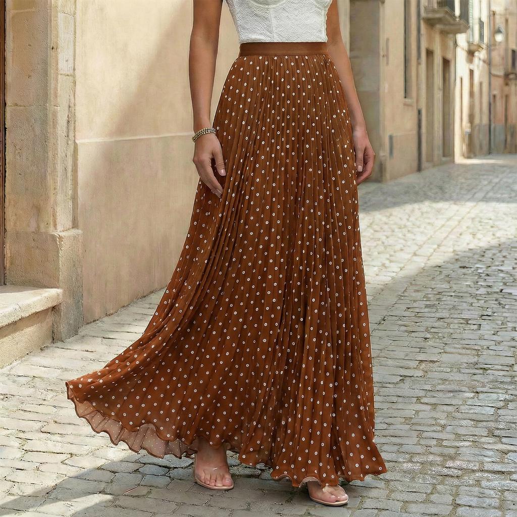 Women Vintage Polka Dot Print Pleated Maxi Skirt Holiday Style High Waist Flowy A Line Skirt for Casual and Everyday Wear