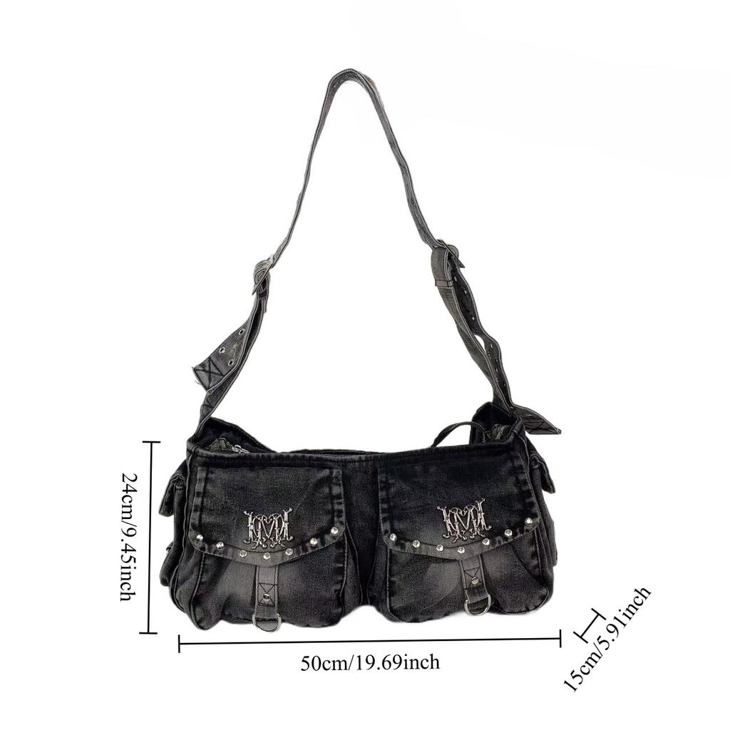 Women'S Retro Washed Denim Shoulder Bag Street Dark Personalized Rivet Messenger Bag