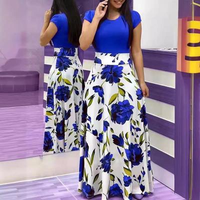 European & American Style Long Skirt with Digital Print, Color-Matched, Long/Short Sleeve Dress for Women