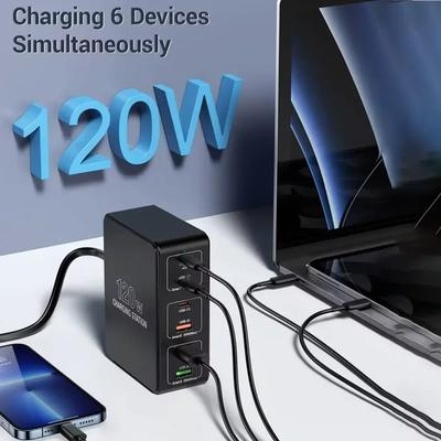 QC3.0 PPS PD 65W 6-Port Charge Gan 120W Charger Station 3C+3A For iPhone Samsung Xiaomi Smartphone Laptop Desktop Fast Charging