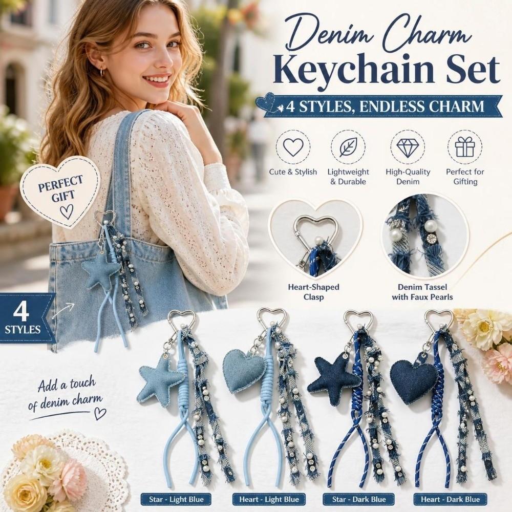 Distressed Frayed Denim Keychain Pearl Tassel Keychain Pendant New Bag Charm  for Women Ladies Bag
