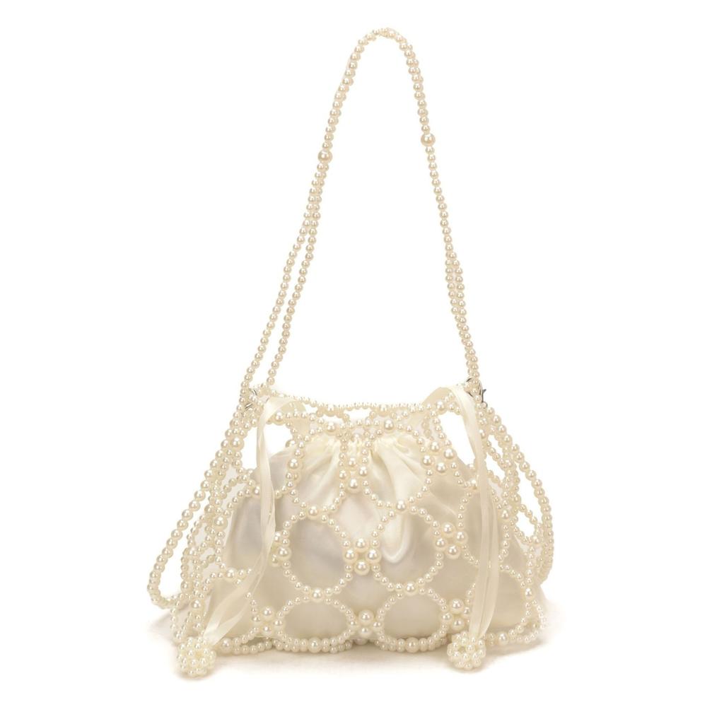 Fashionable Versatile Beaded Handbag with Hollow Interior for Mobile Phone, Light and Elegant Cross-body Bucket Bag