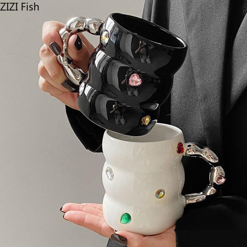 Cupa Creativă cu Gemă pentru Apă, Lux Ușor, Cană Ceramică de Uz Casnic, Cană pentru Cafea pentru Birou, Ceai de După-amiază, Ceașcă pentru Cafea, Ceașcă pentru Lapte pentru Micul Dejun, Set pentru Băut