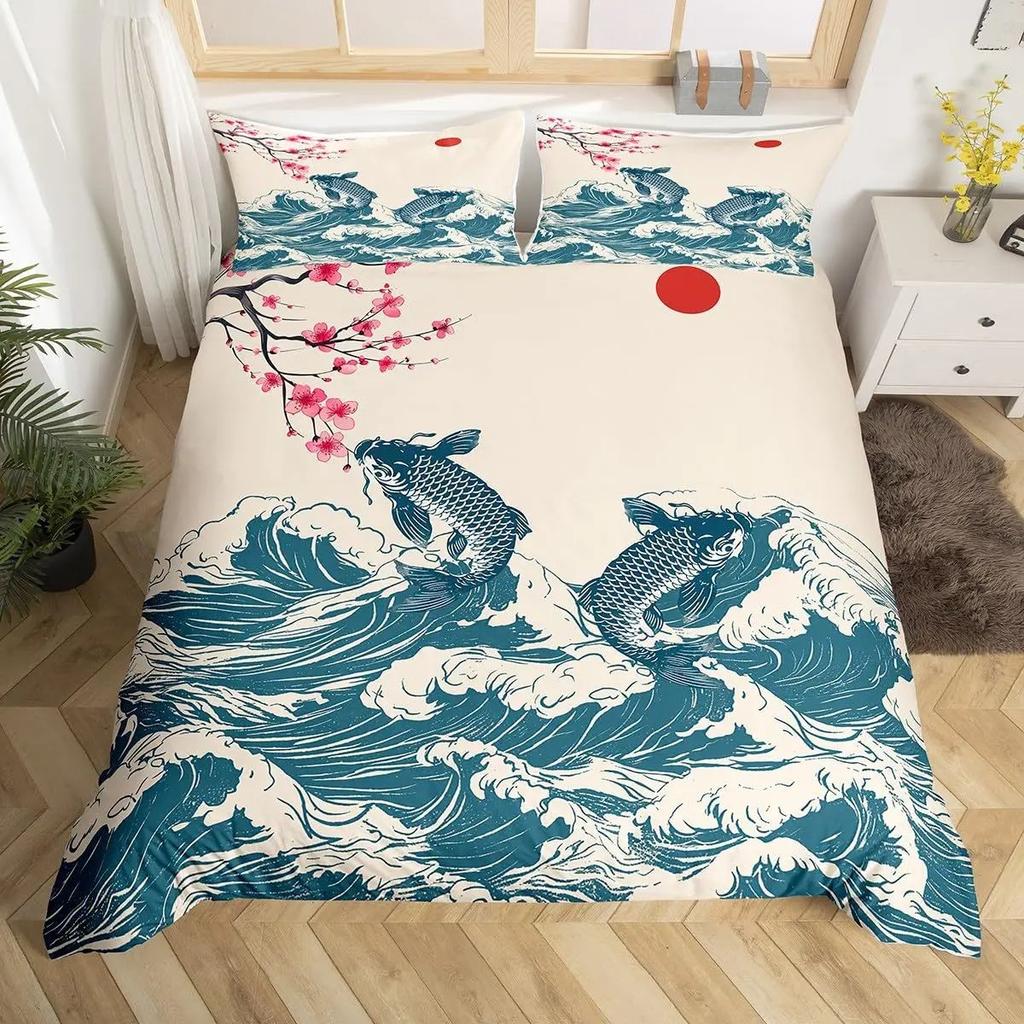 3D Japanese Wave Print Duvet Cover Set, Soft Microfiber Vintage Ukiyo-e Bedding Set With Pillowcases