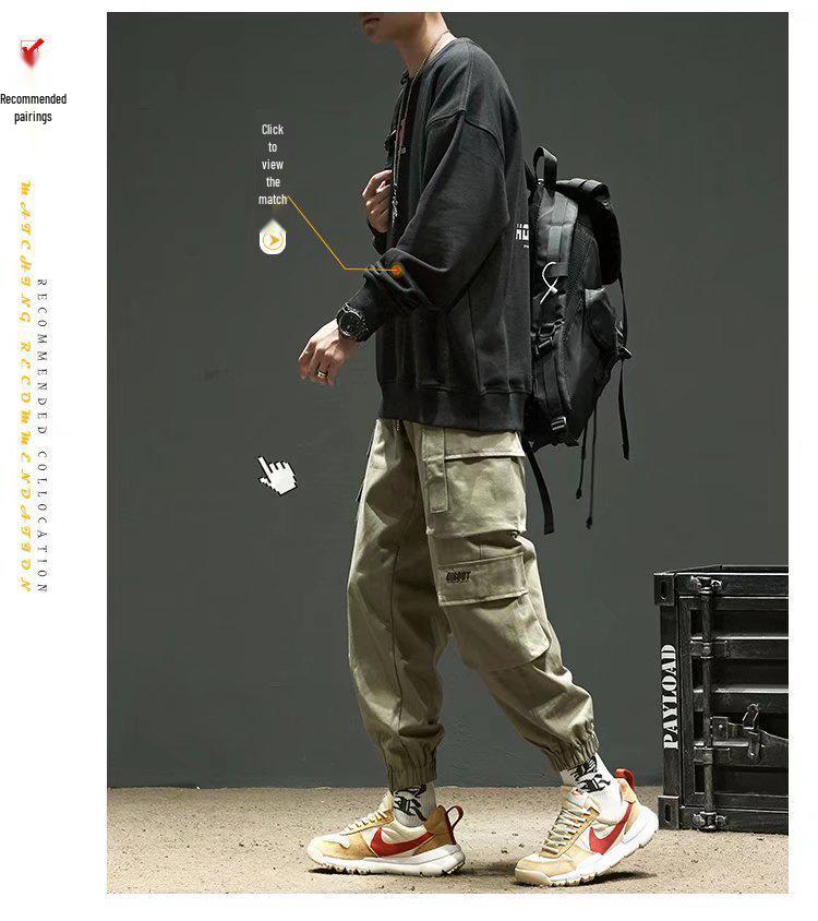Men's American Trendy Multi-Pocket Loose Cargo Joggers - Military Green Parachute Pants, Casual Retro Style for Autumn.