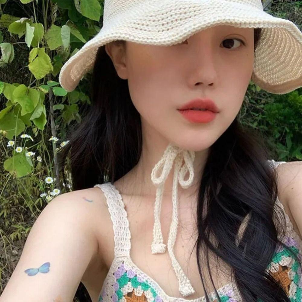 Summer Travel Wide Brim Straw Sun Hat Foldable Breathable Bucket Cap Cute Strap Beach Sun Cap For Women Female
