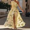 women's High Waist One Shoulder Floral Print Maxi Dress Split Thigh Evening Party Sundress