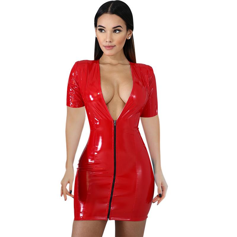 2025 Colorful PU Leather Deep V-Neck Short Dress with Zipper