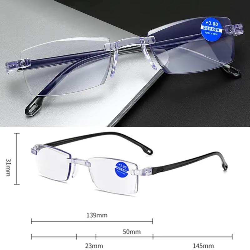 New Men Women Rimless Reading Glasses Anti Blue Light Bifocal Far Near Magnification Eyewear Presbyopic Glasses +150 +200