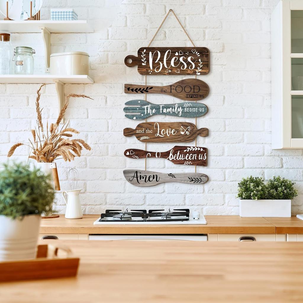 Geetery 6 Pcs Bless The Food Before Us Sign Farmhouse Kitchen Wall Decor Dining Room Decorations Collage Wall Rustic Hanging Wooden