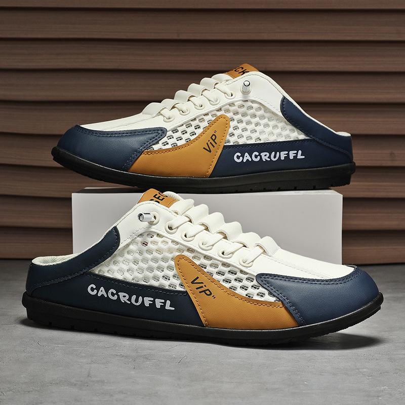 2025 autumn new breathable hole shoes men's bag head slippers mesh shoes Korean version casual half-drag men's shoes