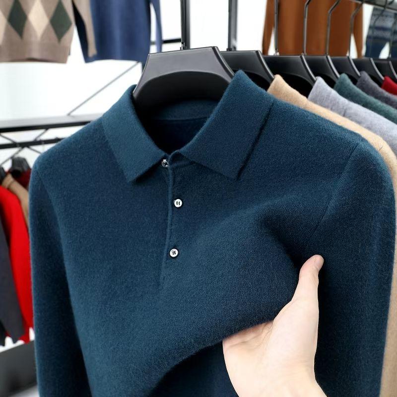 Taiai Smart Casual Herfst Winter Trui Heren Effen Revers Knoop Eenvoud Mode Luxe Lange Mouw Pullovers Gebreide Tops XXL blauw