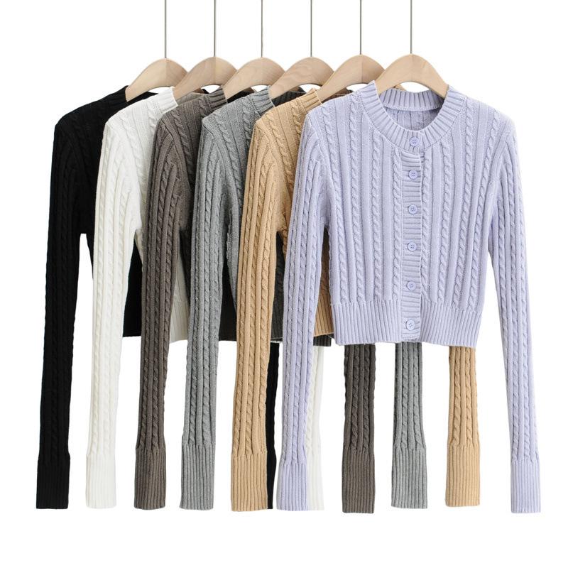 European & American Style Solid Color Cable Knit Cardigan - Round Neck, Single-Breasted, Long Sleeve Top for Women