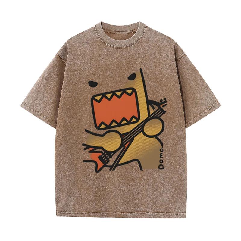 T-shirt Casual con Grafica Rock di Domo, Lavaggio Vintage Marrone, Cartone Animato
