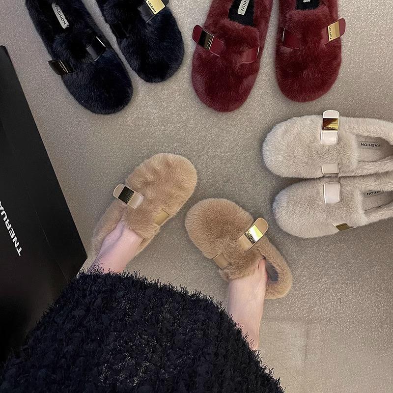 One Pedal Fairy Wind Soft Sole Velvet Outer Wear Fluffy Shoes Female Outer Wear 2025 Autumn and Winter New French Cotton Shoes Tide