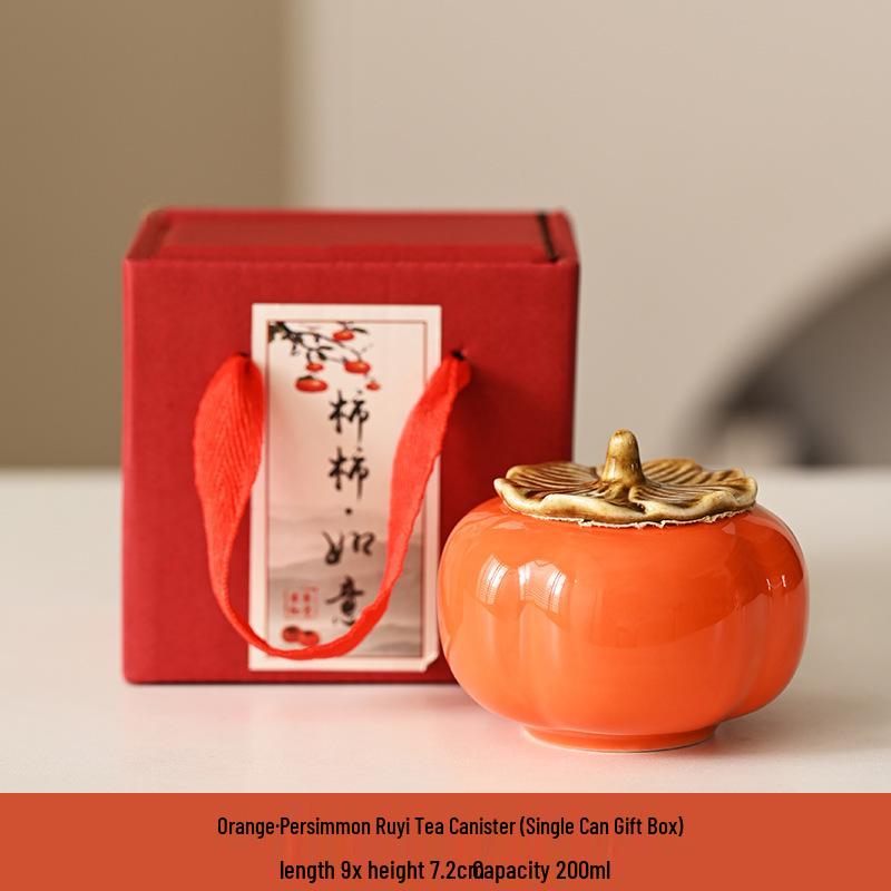 Charming Persimmon Ruyi Ceramic Tea Box & Mini Candy Jar Gift Set