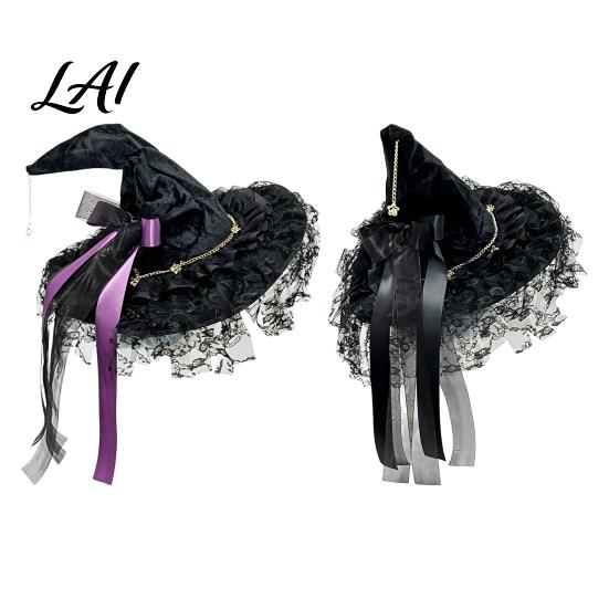 Halloween Night Decorations Witch Hat for Women Lace Wizard with Ribbon Bow Black Party Mesh Veil Costume Accessory Adults Fancy Dress Cosplay