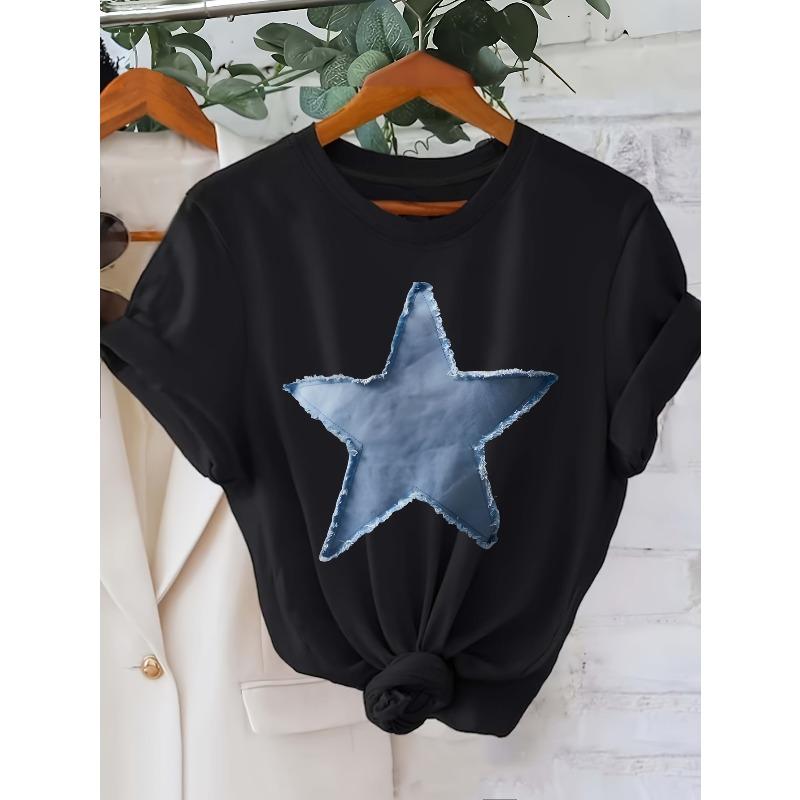 

European Size Graphic Print T-shirt, Short Sleeve Crew Neck Casual Top for Summer & Spring, Women s Clothing 4XL чорний