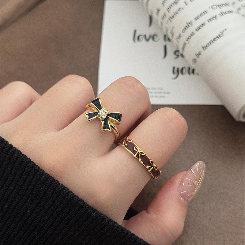 Sweet And Cool Girl Style Gold Bow Enamel Diamond Zir*****Pen Ring Niche High-End Feeling Stacked Ring Woman