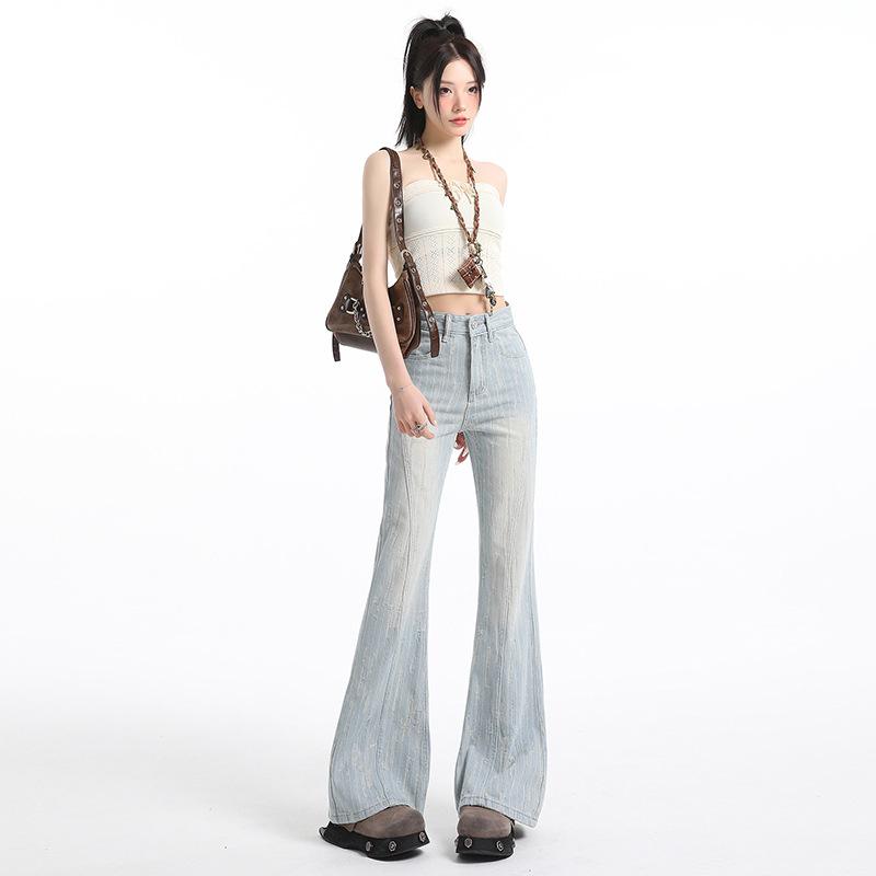 Light-colored design sense jacquard slightly pulled jeans women's summer new high-waisted loose and thin flared pants