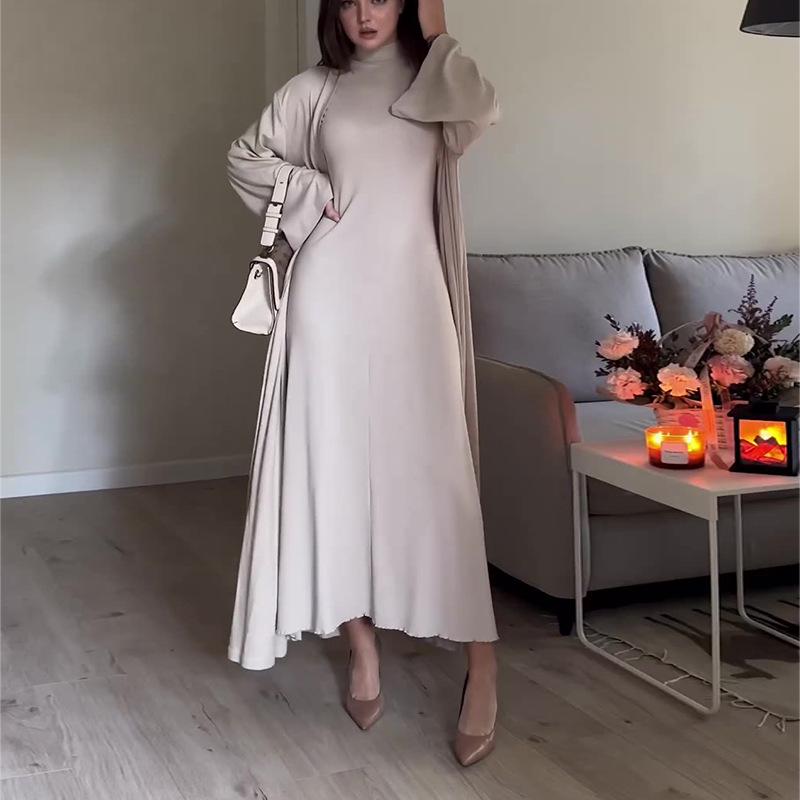 European & American Autumn/Winter High Neck Casual Loose Solid Color Slimming Shawl Dress