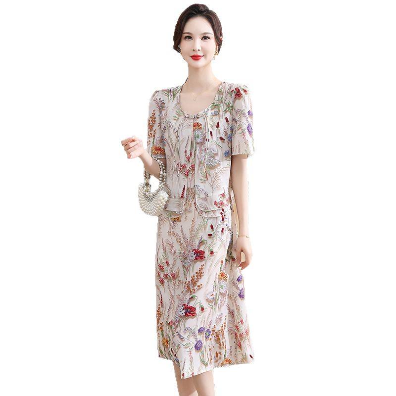 Chiffon V-neck Printed Dress for Women 2025 - Elegant Two-Piece Style for Middle-aged and Elderly Summer Fashion