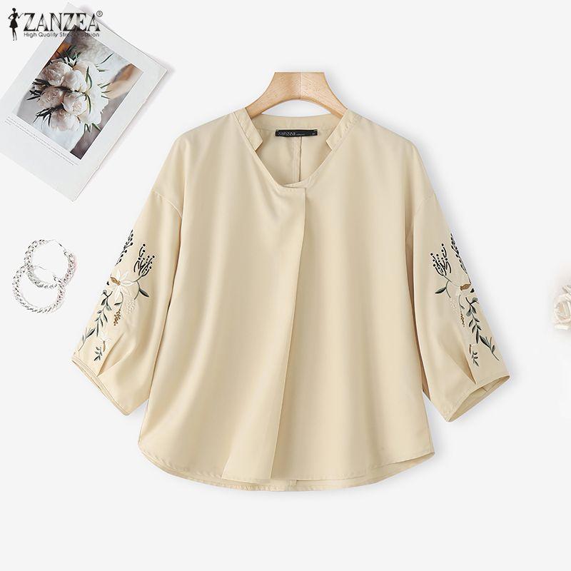 ZANZEA Women Casual V-Neck Floral Print Splice 3/4 Sleeve Blouse