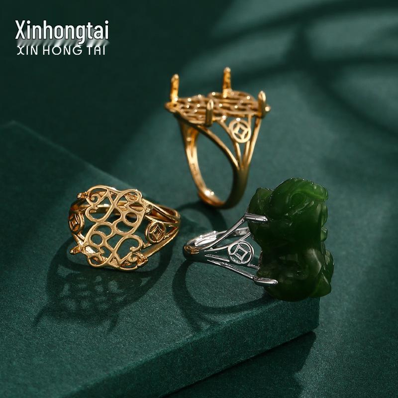 

Lucky Pixiu Vintage Silver Open Ring with Jade Amber Setting for Men and Women