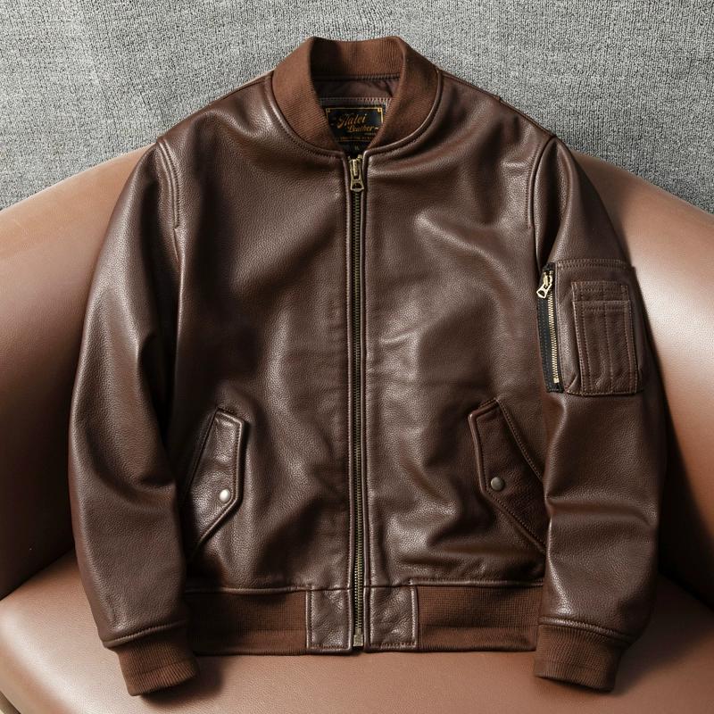 

Мужская куртка из натуральной кожи, короткая, приталенного кроя, в американском стиле, куртка-бомбер, летная куртка, из лицевой коровьей кожи, осенне-зимнее пальто S коричневый