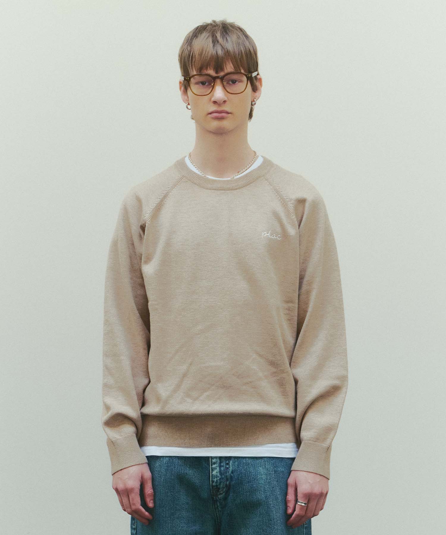 Plack Raglan Line Jacquard Logo Pullover Knit Beige L/Free