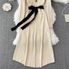 Autumn Elegant Knitting V-neck Long Sleeve Dress Women Fashion Retro Lace Up Bow Dresses Female France Warm Thin Slim Knit Dress New