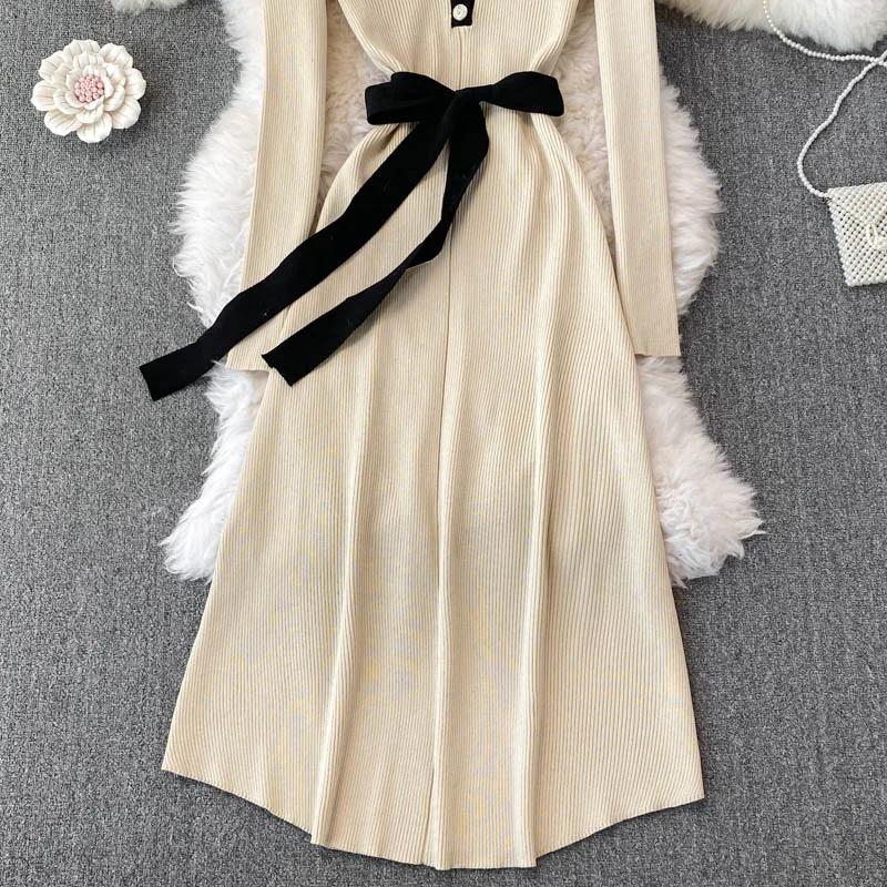 Autumn Elegant Knitting V-neck Long Sleeve Dress Women Fashion Retro Lace Up Bow Dresses Female France Warm Thin Slim Knit Dress New