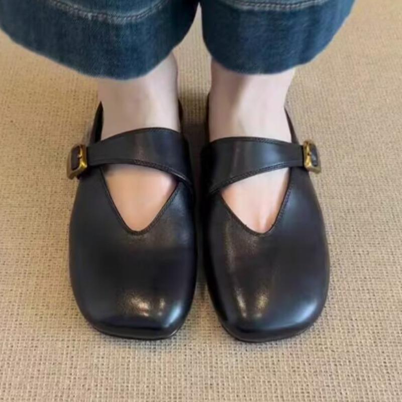 Fashion Women Flats Mules Shoes Elegant Leather Woman Slippers Fad Buckle Slingback Sandals 2025 Summer New Flip Flops Zapatillas Mujer