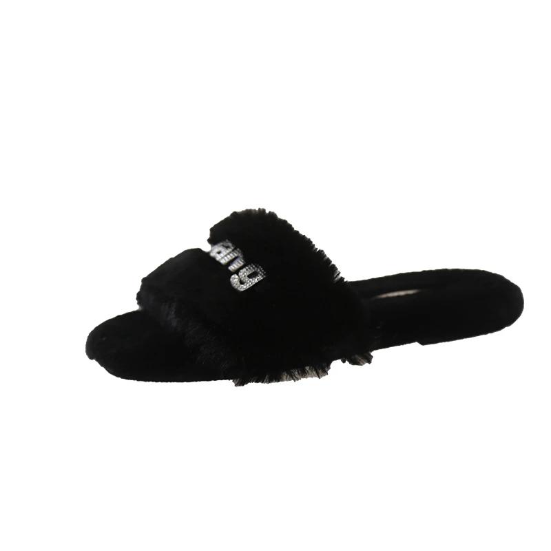 Letní Nové Teplé a Nadýchané Dámské Pantofle, Pohodlné Umělé Kožešinové Domácí Protiskluzové Dámské Žabky Plus Size 35-42