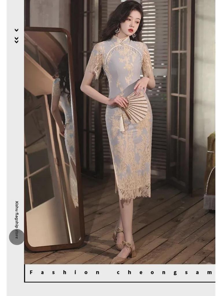 Podzimní retro cheongsam s dlouhou krajkou ve stylu Čínské republiky pro ženy - Šaty pro každodenní nošení