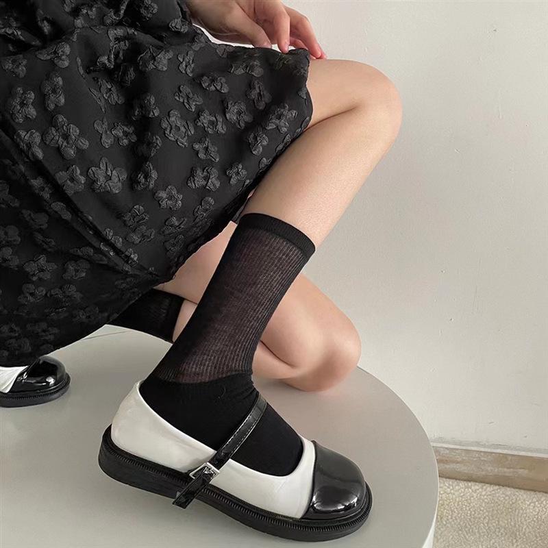 

Spring/Summer Japanese Sweet Color See-Through Calf Socks for Women - Gray & Black Patchwork Style One Size