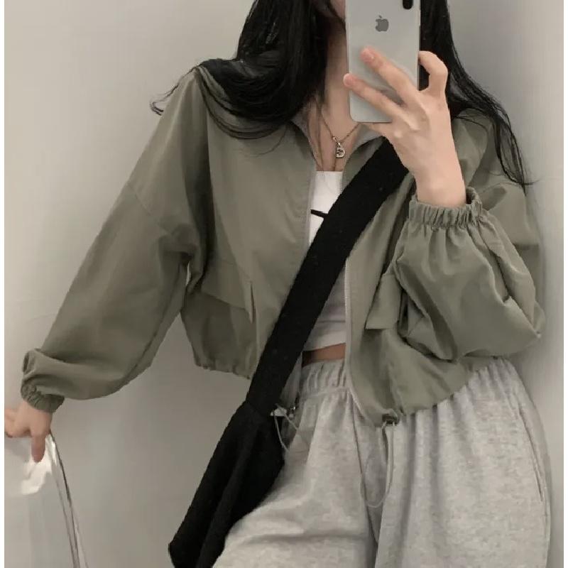 Vintage workwear drawstring short baseball jacket coat for women with a high-end, niche outerwear design