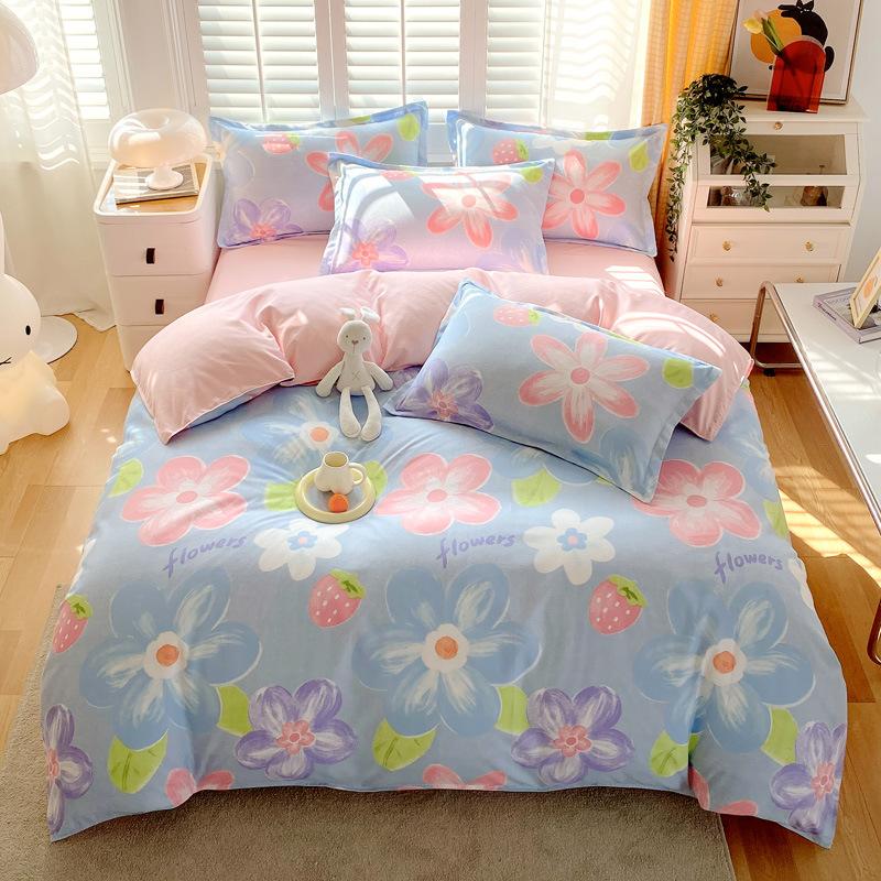 Set mic din patru piese din bumbac periat, proaspăt, îngroșat, din trei piese din bumbac imprimat, cearșaf de pat și cuvertură