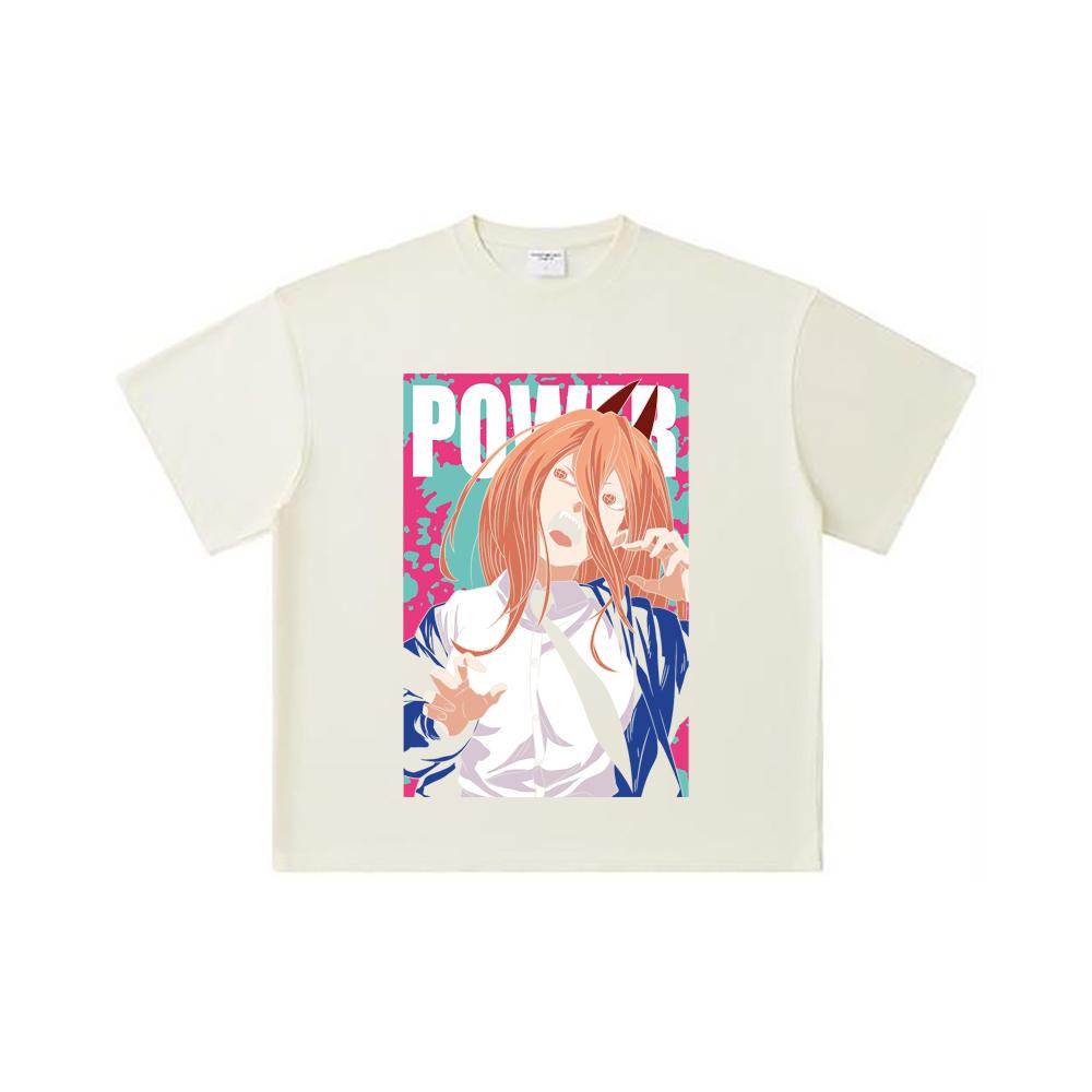 

260 GSM Double Yarn 32 Count 100% Cotton Chainsaw Man V49 Power Print Unisex Heavy Cotton T Shirt S