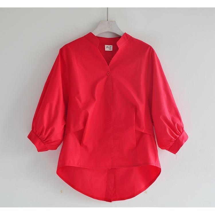 Chemise coréenne en coton à manches lanternes pour femmes, ample, grande taille, dos fendu, irrégulier, couleur unie, col en v, haut