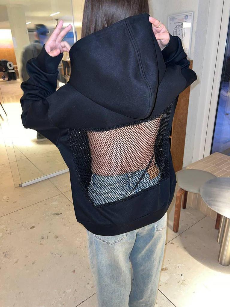 2025 Herbst/Winter Damen Kapuzenpullover mit Netz und Rückenausschnitt, einfarbig