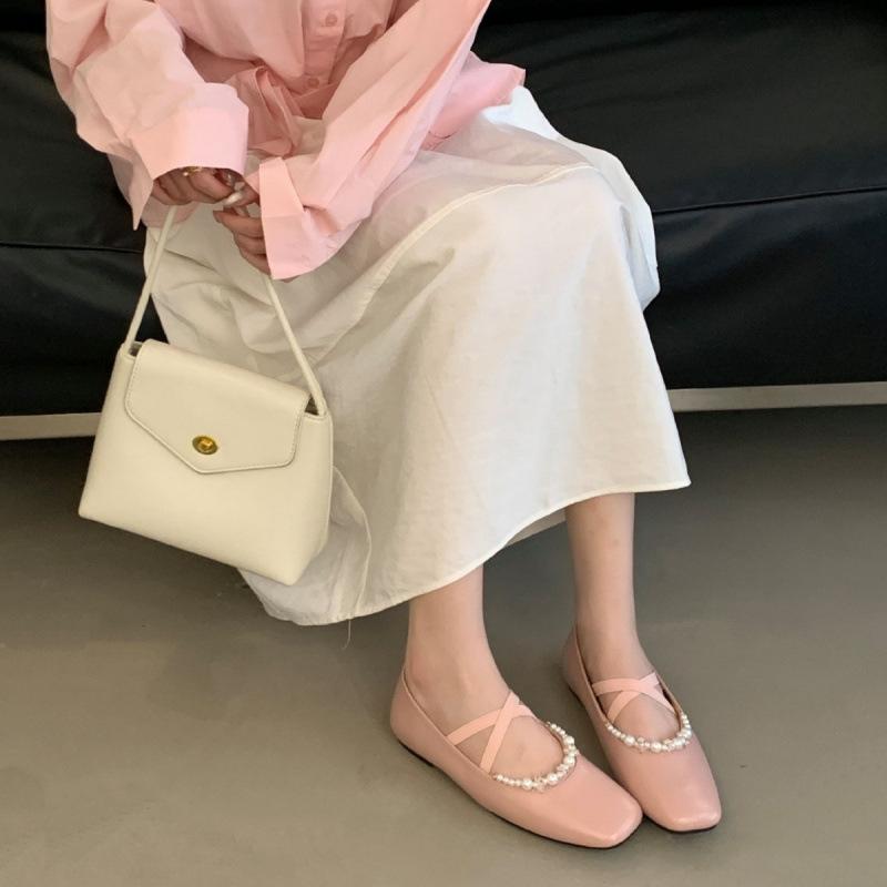 French literary pearl Mary Jane shoes women's cross belt shallow mouth flat bottom small leather shoes one pedal single shoes